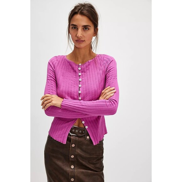 Free People Tilly Long-Sleeve Cardi Blouse Top Knit Ribbed Buttondown XL 280648 - Picture 1 of 7